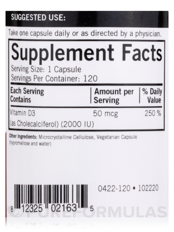 Vitamin D-3 2000 IU -Hypoallergenic - 120 Capsules - Alternate View 3