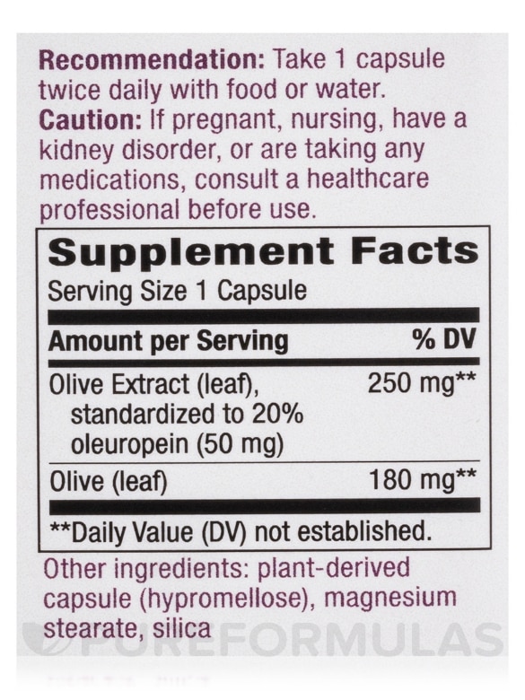 Olive Leaf (20% Oleuropein) - 60 Vegan Capsules - Alternate View 4