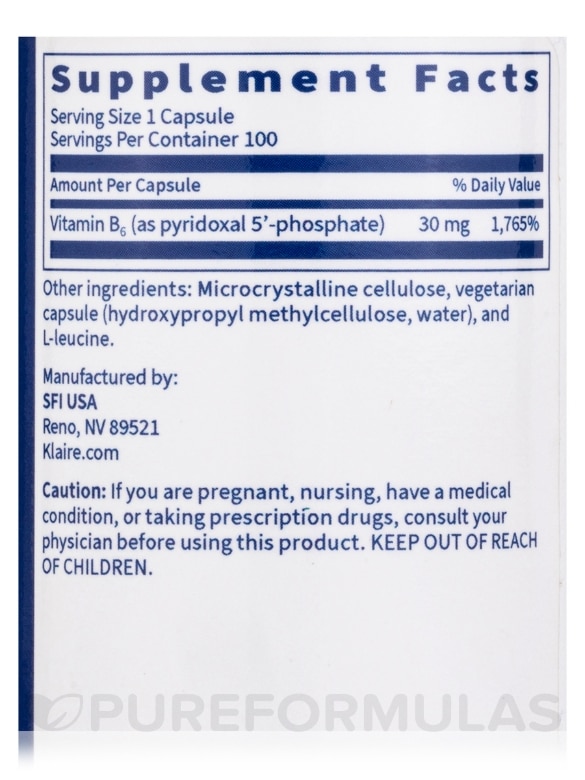 P-5-P 30 mg (Pyridoxal 5'-Phosphate) - 100 Vegetarian Capsules - Alternate View 3
