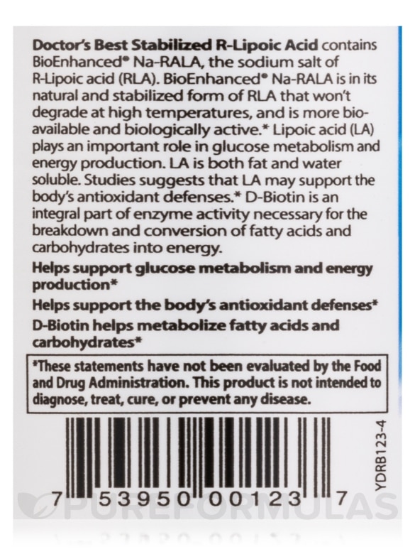 Stabilized R-Lipoic Acid with BioEnhanced® Na-RALA 100 mg - 60 Veggie Capsules - Alternate View 4