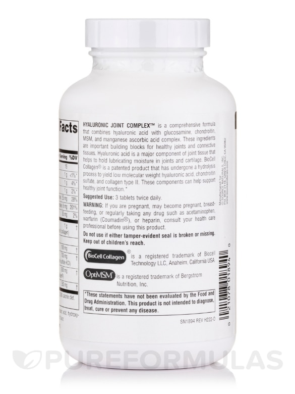 Hyaluronic Joint Complex™ with Glucosamine, Chondroitin and MSM - 120 Tablets - Alternate View 2