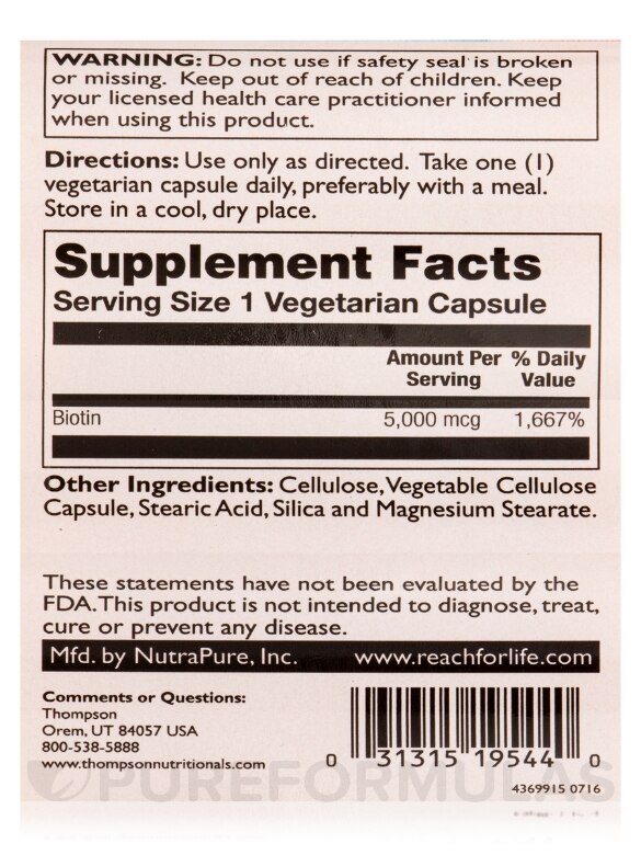 Biotin 5000 mcg (High Potency) - 60 Vegetarian Capsules - Alternate View 4