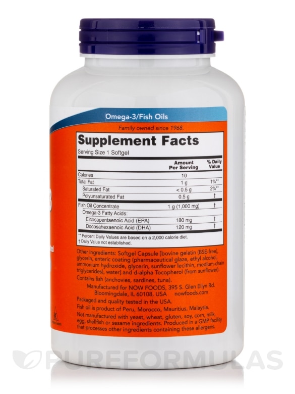Omega-3, Molecularly Distilled & Enteric Coated - 180 Enteric Coated Softgels - Alternate View 1