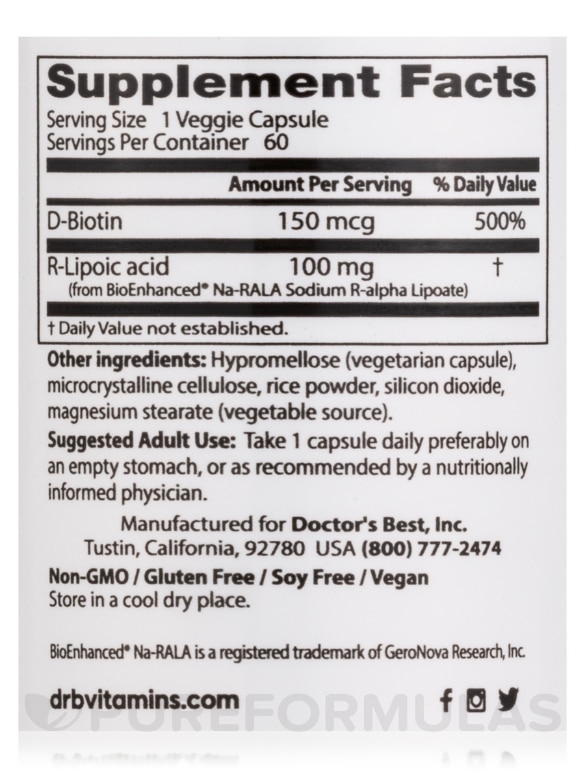 Stabilized R-Lipoic Acid with BioEnhanced® Na-RALA 100 mg - 60 Veggie Capsules - Alternate View 3