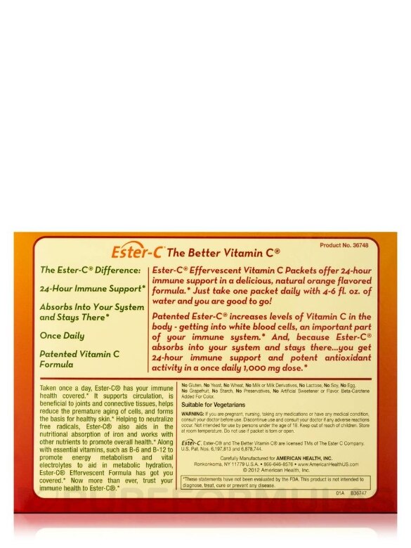 Ester-C® 1000 mg Effervescent Orange Powder - 1 Box of 21 Single Serving Packets - Alternate View 3
