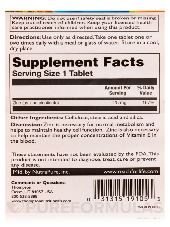 Zinc Picolinate 25 mg - 60 Tablets - Alternate View 4
