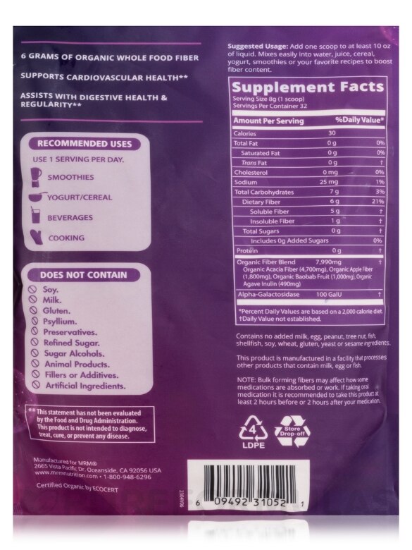 Organic Whole Food Fiber - 9.03 oz (256 Grams) - Alternate View 2