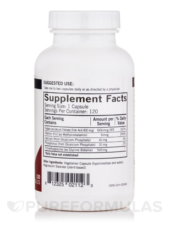 TMG 500 mg with Folinic Acid & Methyl B-12 -Hypoallergenic - 120 Vegetarian Capsules - Alternate View 1