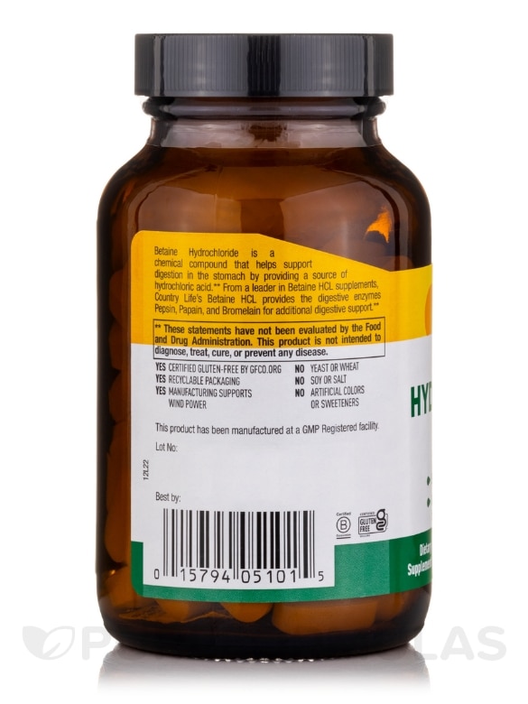 Betaine Hydrochloride with Pepsin - 100 Tablets - Alternate View 2