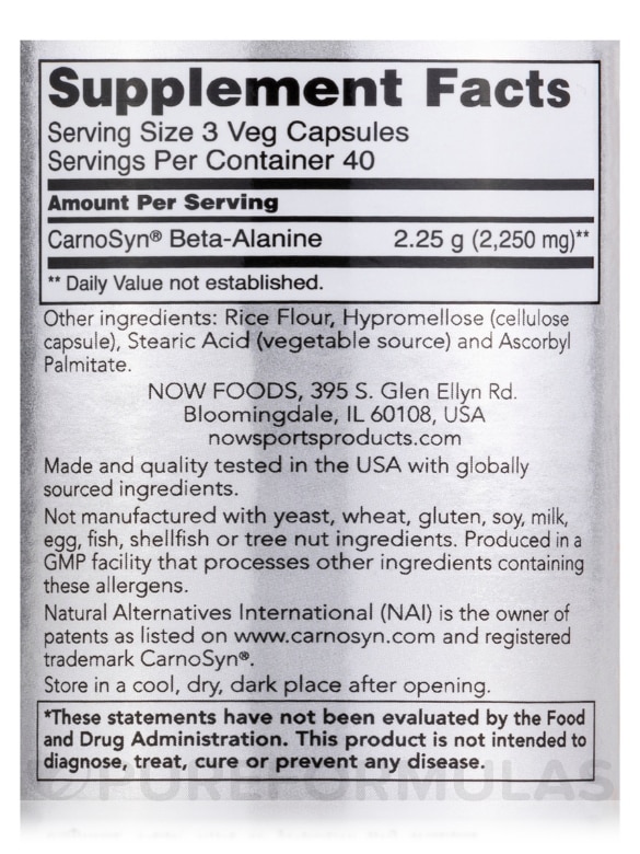 NOW® Sports - Beta-Alanine 750 mg - 120 Veg Capsules - Alternate View 3