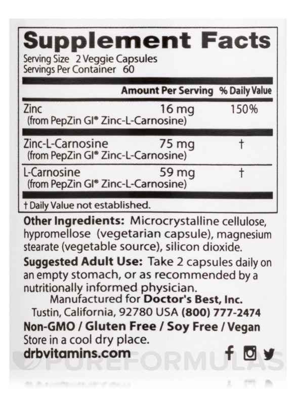 PepZin GI® (Zinc-L-Carnosine Complex) - 120 Veggie Capsules - Alternate View 3