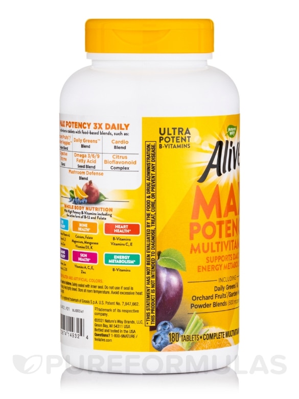 Alive!® Max3 Potency Daily Multivitamin (No Iron Added) - 180 Tablets - Alternate View 3