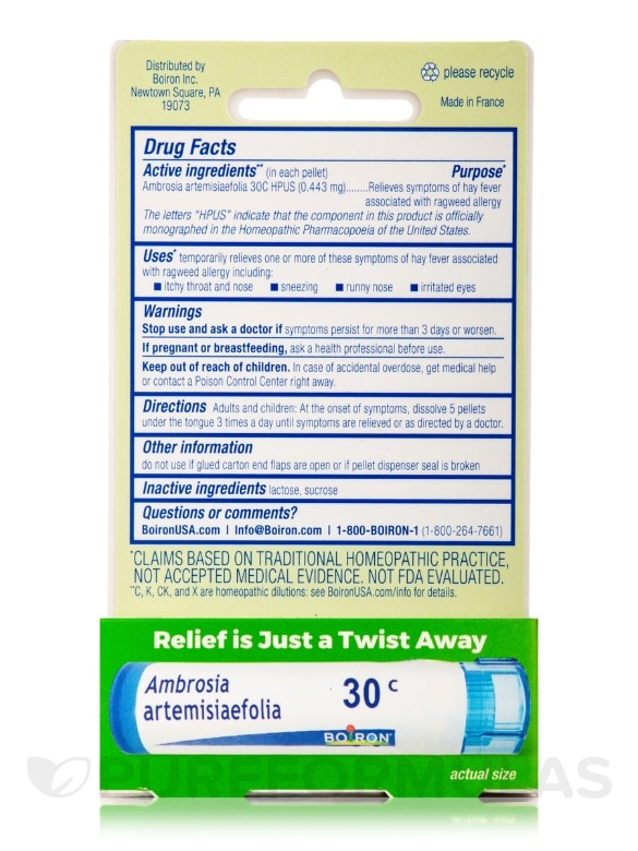 Ambrosia 30C Ragweed Allergy Relief Single Pack - 1 Tube (Approx. 80 Pellets) - Alternate View 5