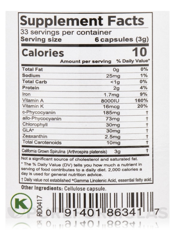 Spirulina 500 mg - 200 Vegetarian Capsules - Alternate View 4