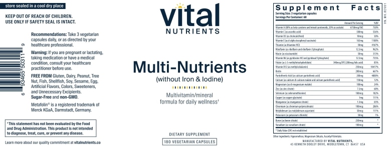 Multi-Nutrients (No Iron or Iodine) - 180 Vegetarian Capsules - Alternate View 4