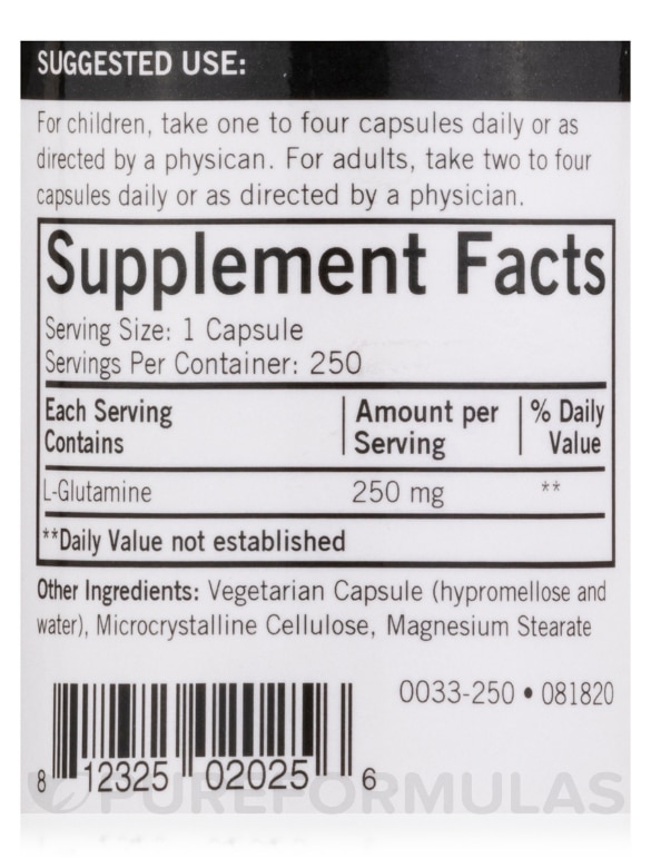 L-Glutamine 250 mg -Hypoallergenic - 250 Capsules - Alternate View 3