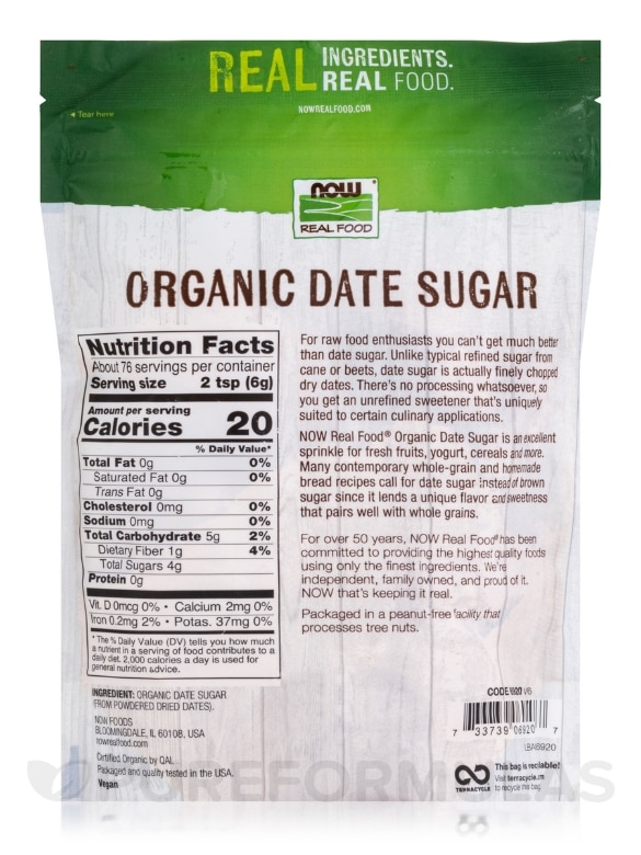 NOW Real Food® - Date Sugar - 1 lb (454 Grams) - Alternate View 1