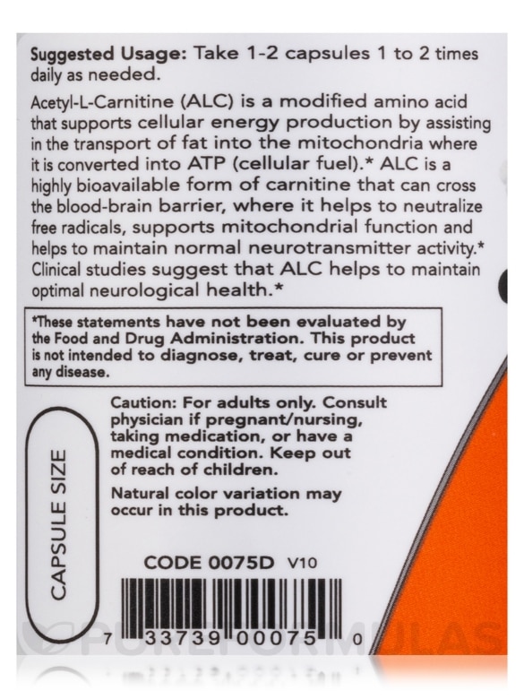 Acetyl-L Carnitine 500 mg - 50 Veg Capsules - Alternate View 4