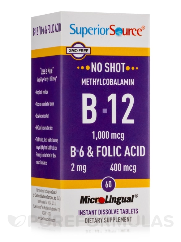 NO SHOT Methylcobalamin B12/B6/Folic Acid 400 mcg - 60 MicroLingual® Tablets