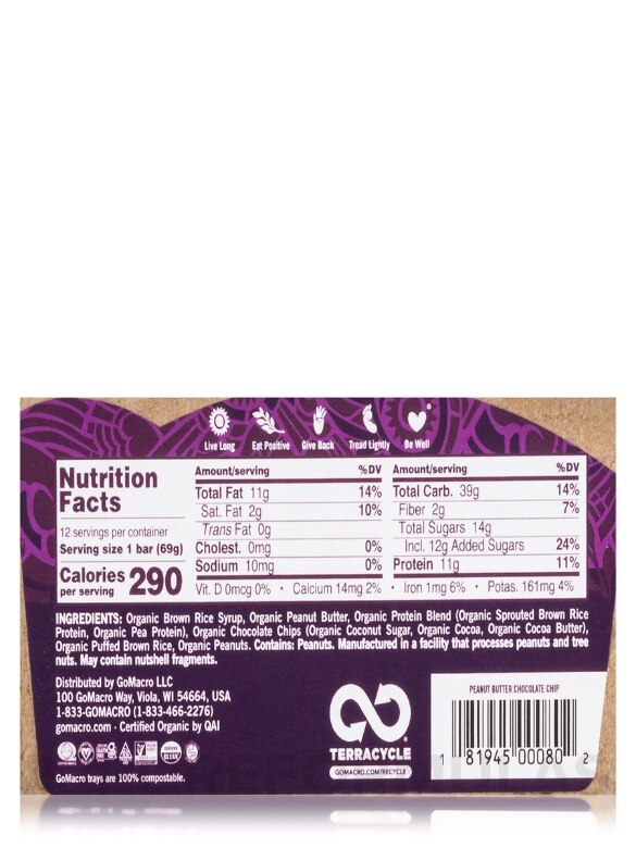 Organic MacroBar Peanut Butter Chocolate Chip - Box of 12 Bars (2.4 oz / 69 Grams each) - Alternate View 4