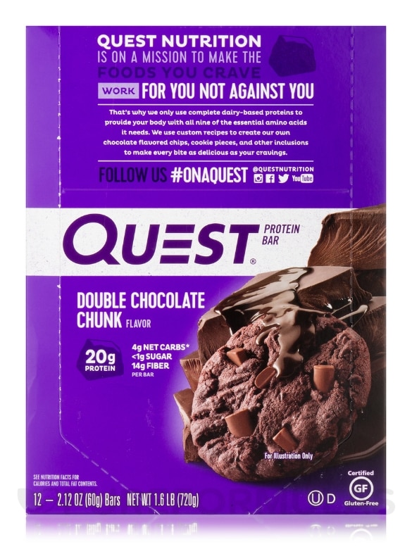Quest Bar® Double Chocolate Chunk Flavor Protein Bar - Box of 12 Bars (2.1 oz / 60 Grams Each) - Alternate View 1