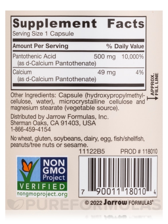 Pantothenic Acid B5 500 mg - 100 Veggie Caps - Alternate View 3