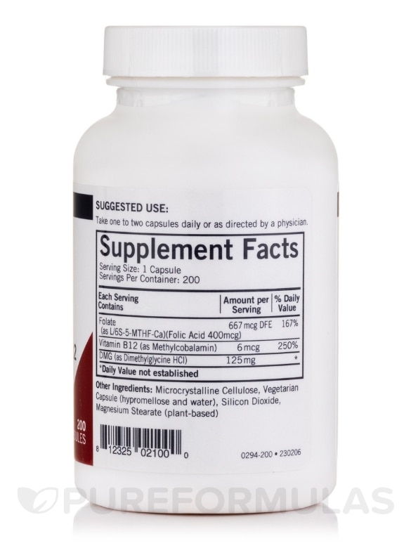 DMG 125 mg with Folinic Acid & Methyl B-12 -Hypoallergenic - 200 Capsules - Alternate View 1