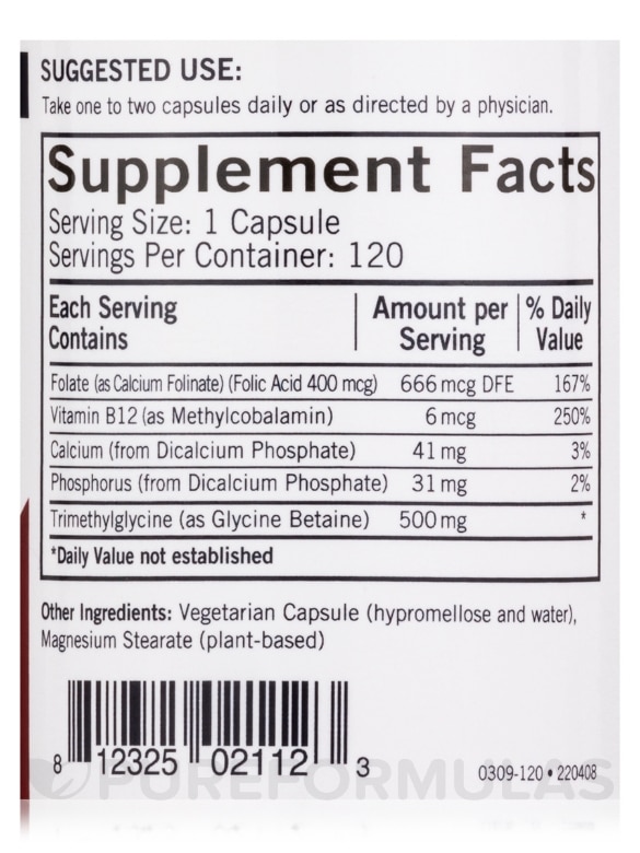 TMG 500 mg with Folinic Acid & Methyl B-12 -Hypoallergenic - 120 Vegetarian Capsules - Alternate View 3