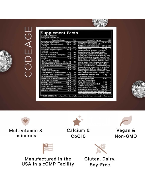 Codeage Men’s Daily Multivitamins - 25+ Vitamins & Minerals Probiotics Vegan Supplement - 120 Capsules - Alternate View 1