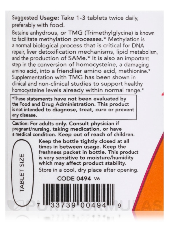 TMG Betaine - 1000 mg - 100 Tablets - Alternate View 4