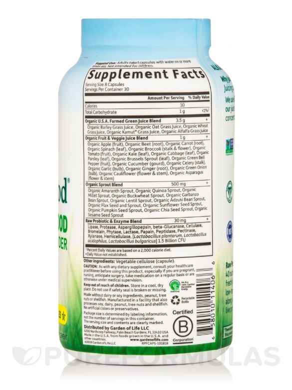 Raw Perfect Food® - Green Superfood Juiced Greens - 240 Vegan Capsules - Alternate View 1