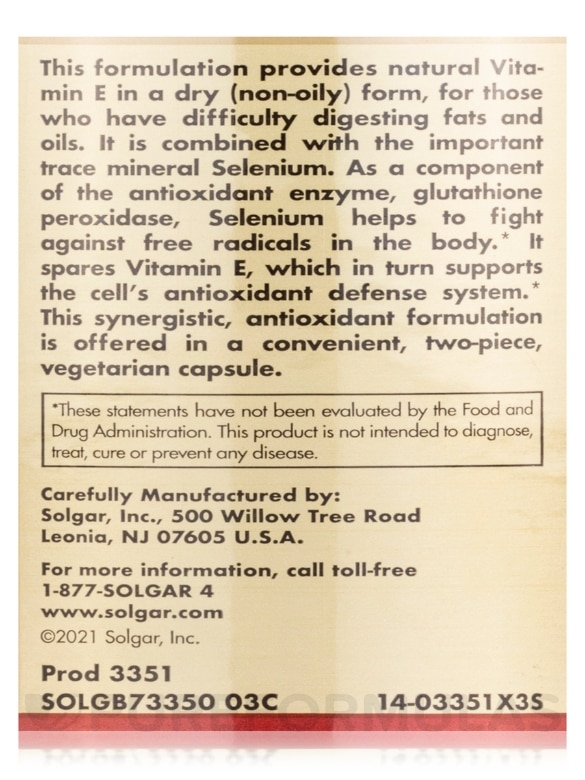 Dry Vitamin E with Yeast-Free Selenium - 100 Vegetable Capsules - Alternate View 6