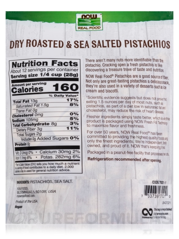 NOW Real Food® - Pistachios (Roasted and Salted) - 12 oz (340 Grams) - Alternate View 2