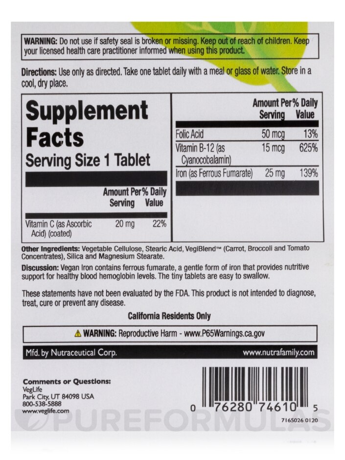 Vegan Iron 25 mg - 100 Tablets - Alternate View 3