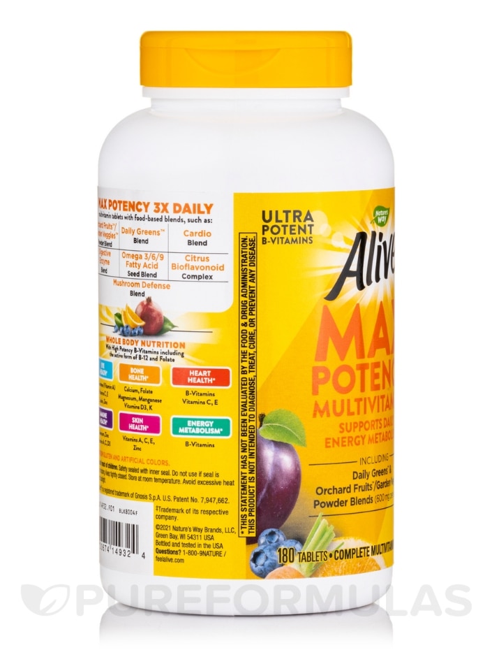 Alive!® Max3 Potency Daily Multivitamin (No Iron Added) - 180 Tablets - Alternate View 3