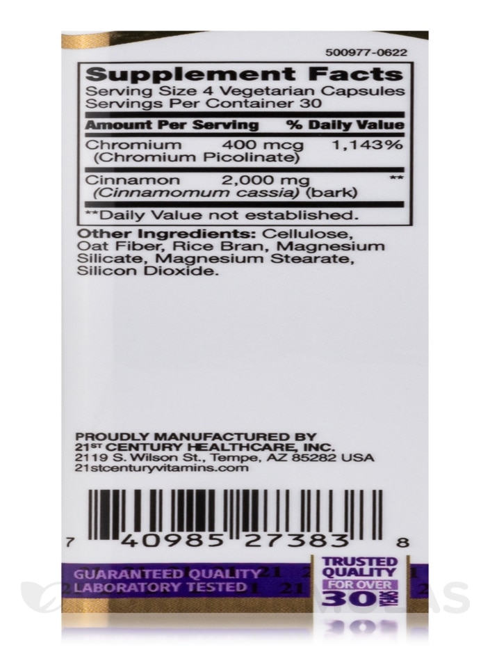 Cinnamon 2000 mg plus Chromium - 120 Vegetarian Capsules - Alternate View 3