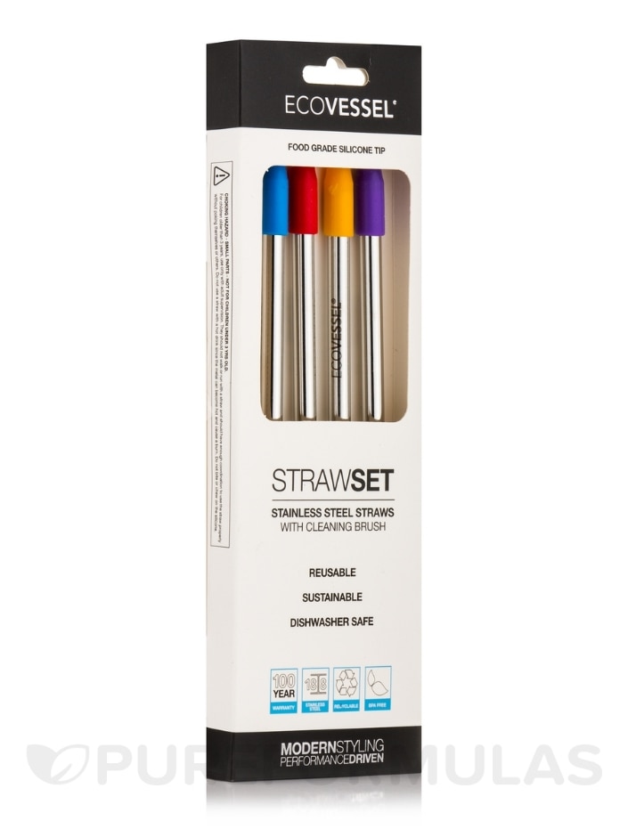 Stainless Steel Straw Set with Silicone Tips & Cleaning Brush - Multi-Color (Reusable) - 4-Pack