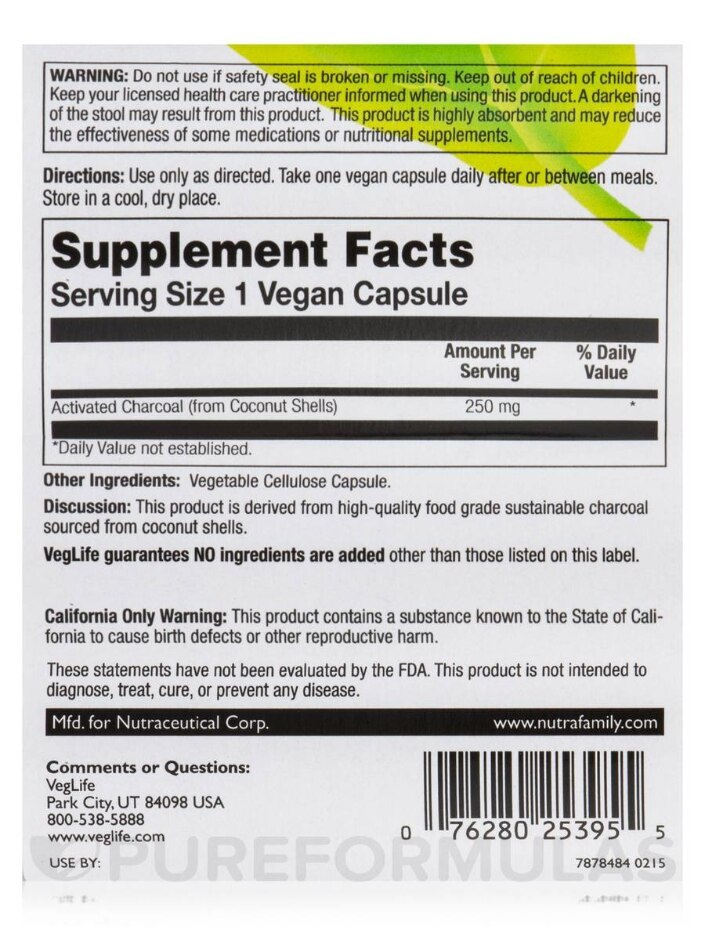 Vegan Charcoal 250 mg - 60 Vegan Capsules - Alternate View 4
