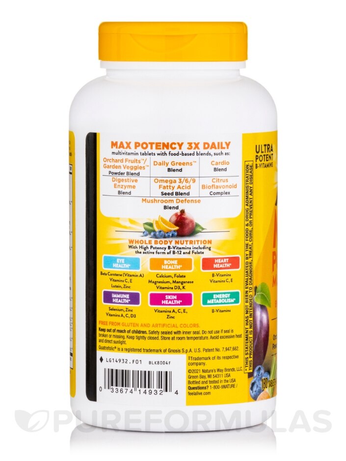 Alive!® Max3 Potency Daily Multivitamin (No Iron Added) - 180 Tablets - Alternate View 2