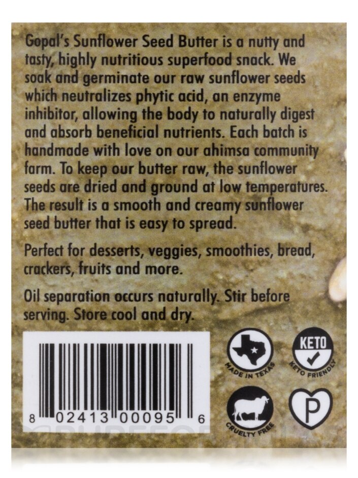 Sprouted Organic Raw Sunflower Seed Butter, Unsalted - 16 oz (453 Grams) - Alternate View 6
